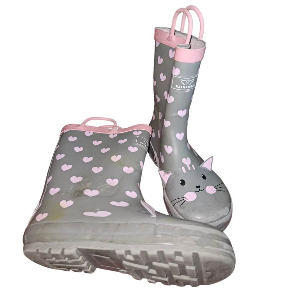 Rainangel Gray and Pink Heart Kids Rain Boots